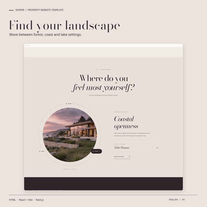 VESPER signature feature in use: find your landscape. Move between forest, coast and lake settings.