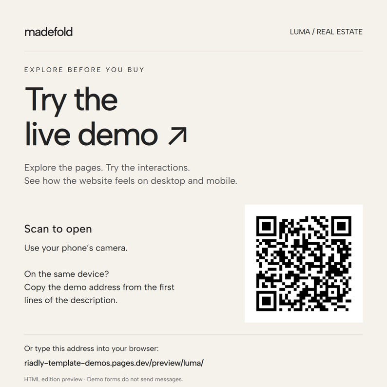 Try the LUMA real-estate website live demo. Scan the QR code or copy https://riadly-template-demos.pages.dev/preview/luma/ from the first lines of the description. HTML preview; demo forms send no messages.