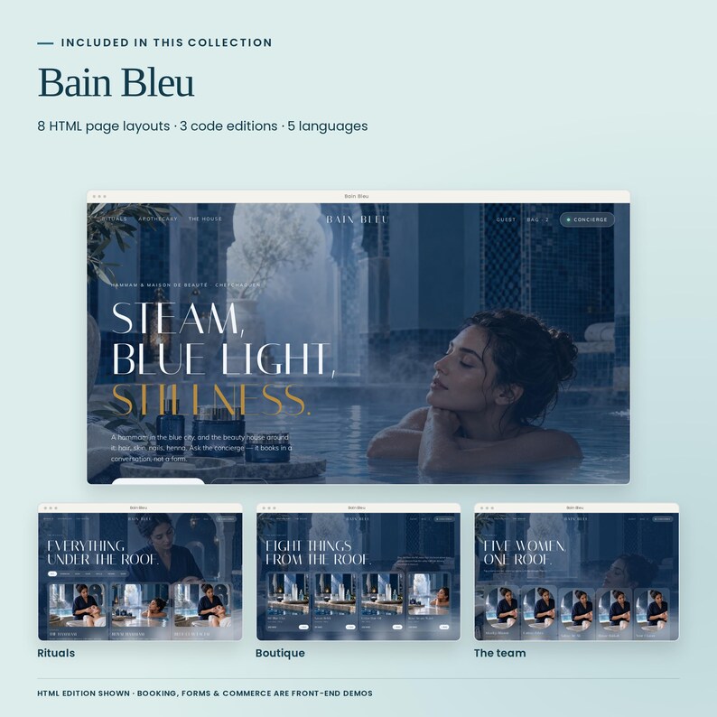 Bain Bleu, included in Coastal Clinical Collection: actual HTML homepage, treatment menu, shop and team previews. Three code editions and five languages included. Booking and commerce are front-end demonstrations.