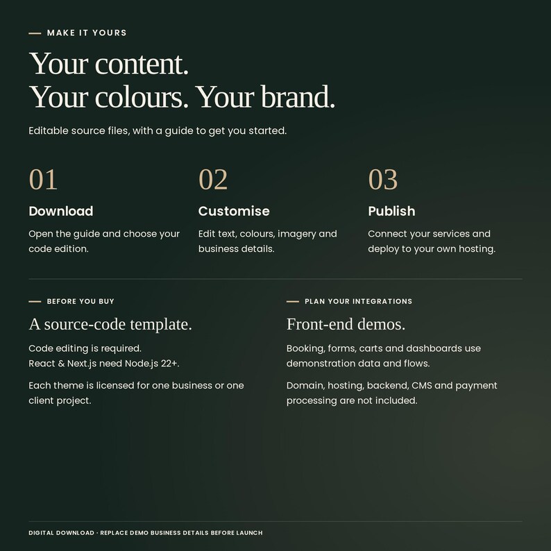 Complete Skincare Theme Collection: download, customise text, colours and imagery, then deploy to your own hosting. Code editing required; React and Next.js need Node.js 22+. Booking, forms, carts and dashboards are front-end demos. Hosting, backend, CMS and payment processing are not included.