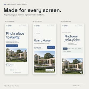 Three mobile views of the ORIEL HTML theme: homepage, a property page and the property collection.