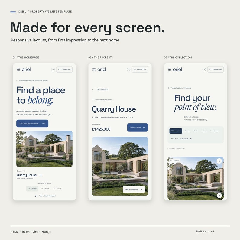 Three mobile views of the ORIEL HTML theme: homepage, a property page and the property collection.