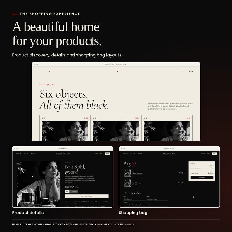 Atelier Kohl: shop, product details and shopping bag interface previews. Shopping screens are front-end demonstrations; payment processing is not included.