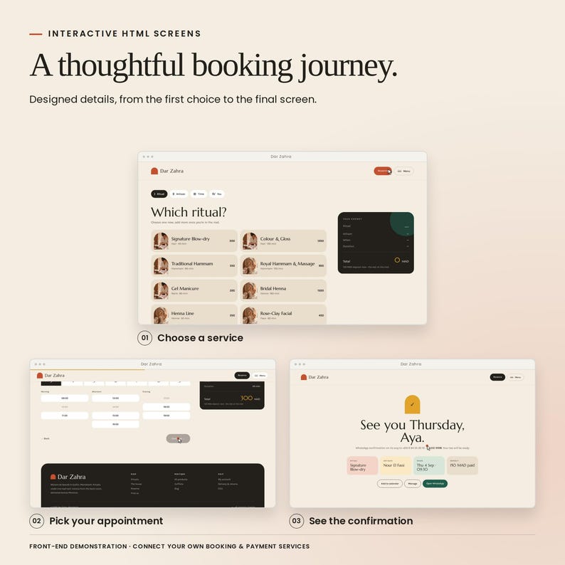 Dar Zahra: shop, product details and shopping bag interface previews. Shopping screens are front-end demonstrations; payment processing is not included.