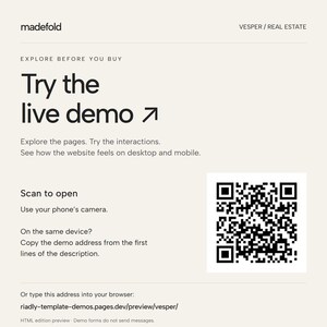 Try the VESPER live website demo. Scan the QR code or copy https://riadly-template-demos.pages.dev/preview/vesper/ from the beginning of the description.