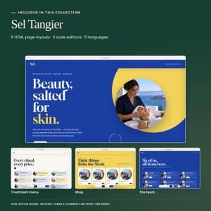 Sel Tangier, included in Botanical Ritual Collection: actual HTML homepage, treatment menu, shop and team previews. Three code editions and five languages included. Booking and commerce are front-end demonstrations.