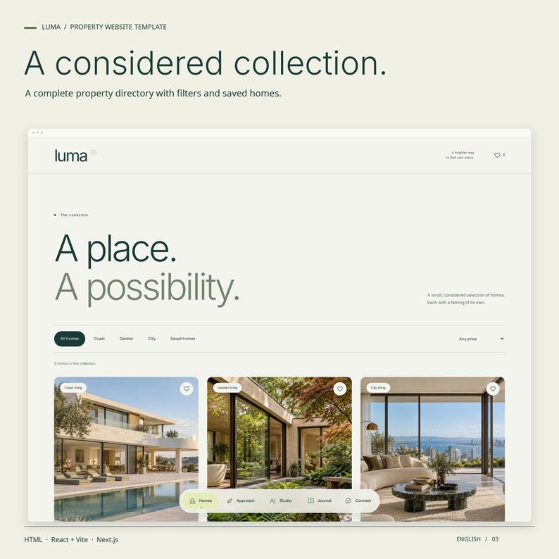 LUMA HTML property collection with included property imagery, filters and saved-home controls.