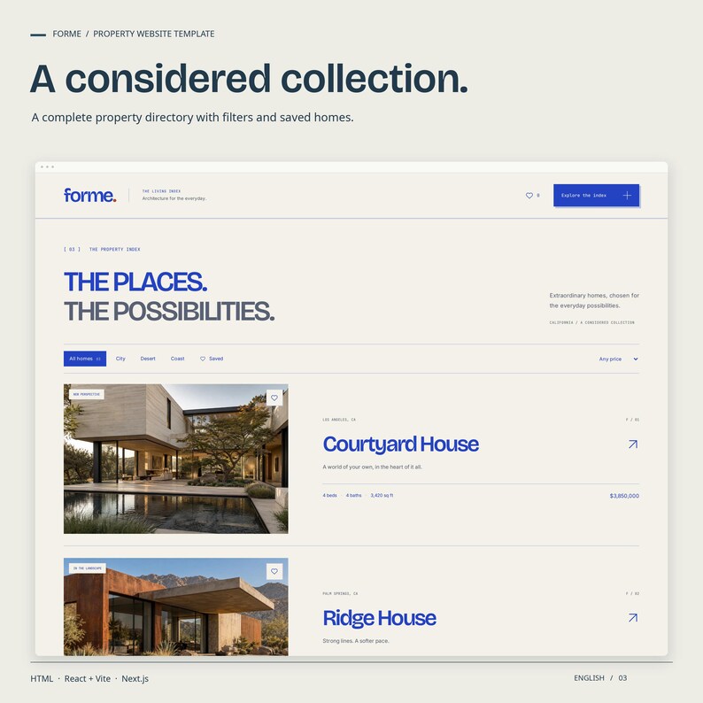 FORME HTML property collection with included property imagery, filters and saved-home controls.