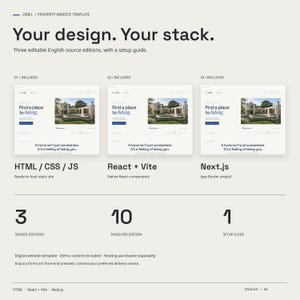 ORIEL includes three English source editions: actual HTML, React plus Vite and Next.js homepage captures, with ten pages per edition and a setup guide.