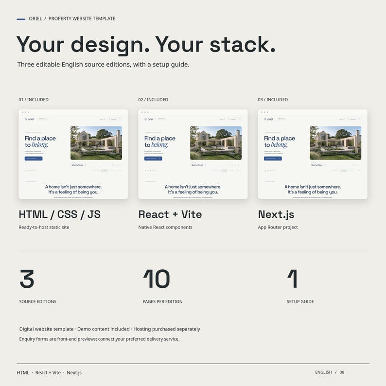 ORIEL includes three English source editions: actual HTML, React plus Vite and Next.js homepage captures, with ten pages per edition and a setup guide.