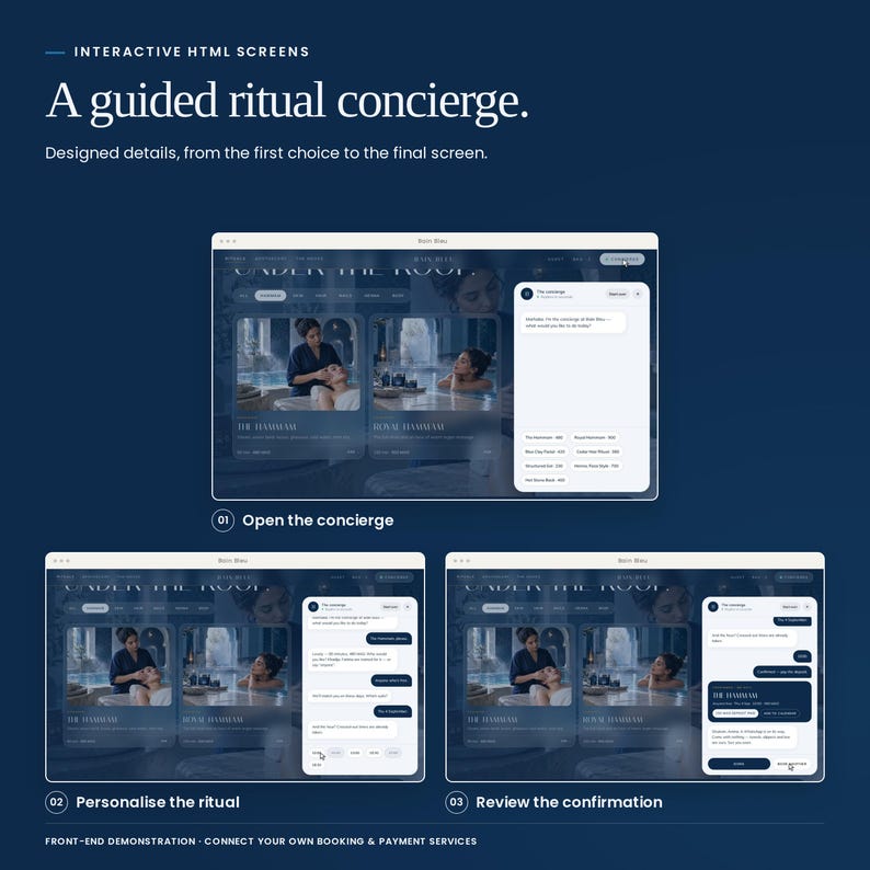 Bain Bleu ritual concierge: open the concierge, personalise a ritual and review the confirmation. Real HTML interface states; backend and payment services are not included.