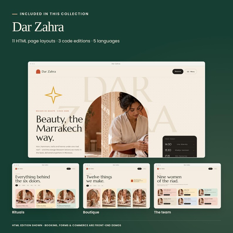 Dar Zahra, included in Botanical Ritual Collection: actual HTML homepage, treatment menu, shop and team previews. Three code editions and five languages included. Booking and commerce are front-end demonstrations.