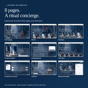 Bain Bleu: an overview of included HTML page layouts. Screens include the homepage, service menu, shop, customer account and contact page. Front-end demonstration screens.
