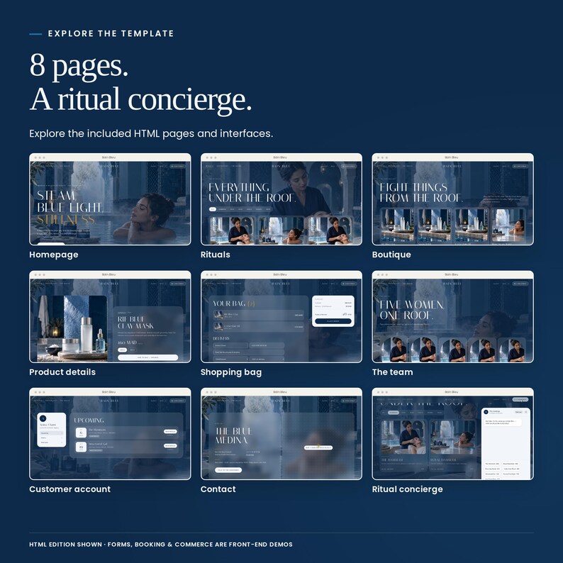 Bain Bleu: an overview of included HTML page layouts. Screens include the homepage, service menu, shop, customer account and contact page. Front-end demonstration screens.