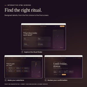 Maison Ambre ritual finder: explore the questionnaire, make selections and review the appointment confirmation. Real HTML interface states; backend and payment services are not included.
