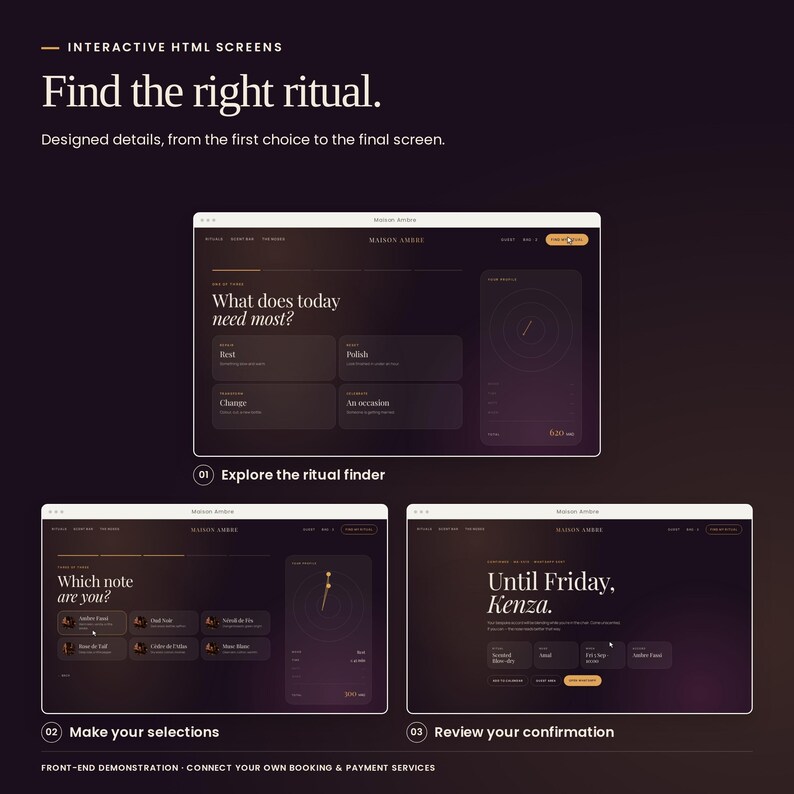 Maison Ambre ritual finder: explore the questionnaire, make selections and review the appointment confirmation. Real HTML interface states; backend and payment services are not included.