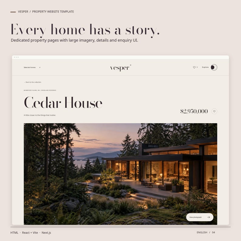 A dedicated VESPER HTML property page showing the property image, title, guide price and enquiry button.