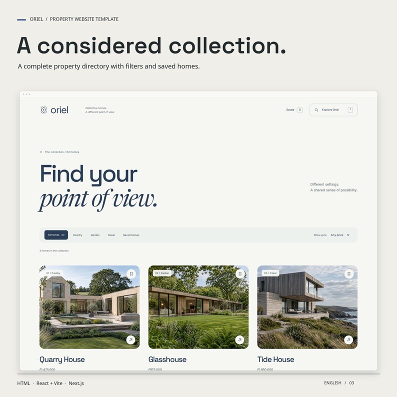ORIEL HTML property collection with included property imagery, filters and saved-home controls.