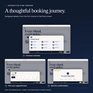 Sel Tangier: real booking interface states, from choosing a service to the confirmation screen. Front-end demonstrations; no booking backend or payment processing included.