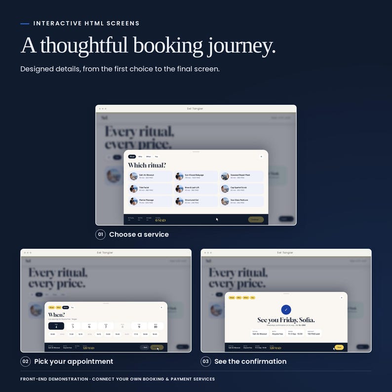 Sel Tangier: real booking interface states, from choosing a service to the confirmation screen. Front-end demonstrations; no booking backend or payment processing included.
