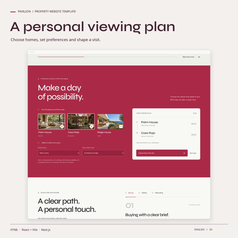 PAVILION signature feature in use: a personal viewing plan. Choose homes, set preferences and shape a visit.