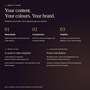 Maison Ambre: download, customise text, colours and imagery, then deploy to your own hosting. Code editing required; React and Next.js need Node.js 22+. Booking, forms, carts and dashboards are front-end demos. Hosting, backend, CMS and payment processing are not included.