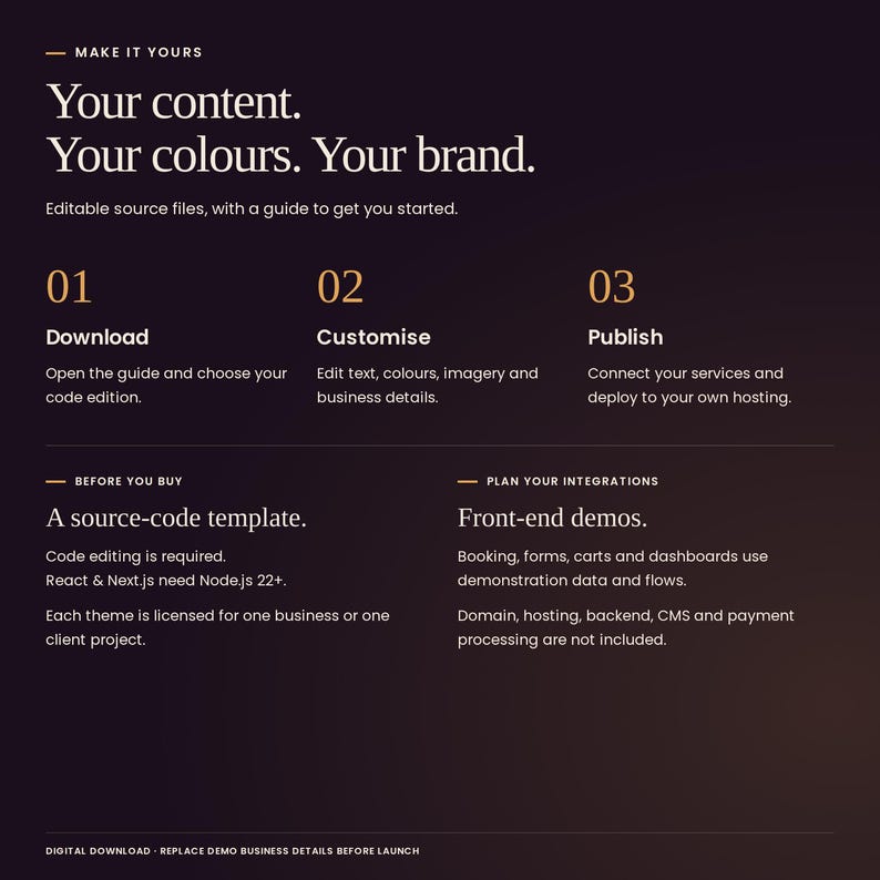 Maison Ambre: download, customise text, colours and imagery, then deploy to your own hosting. Code editing required; React and Next.js need Node.js 22+. Booking, forms, carts and dashboards are front-end demos. Hosting, backend, CMS and payment processing are not included.