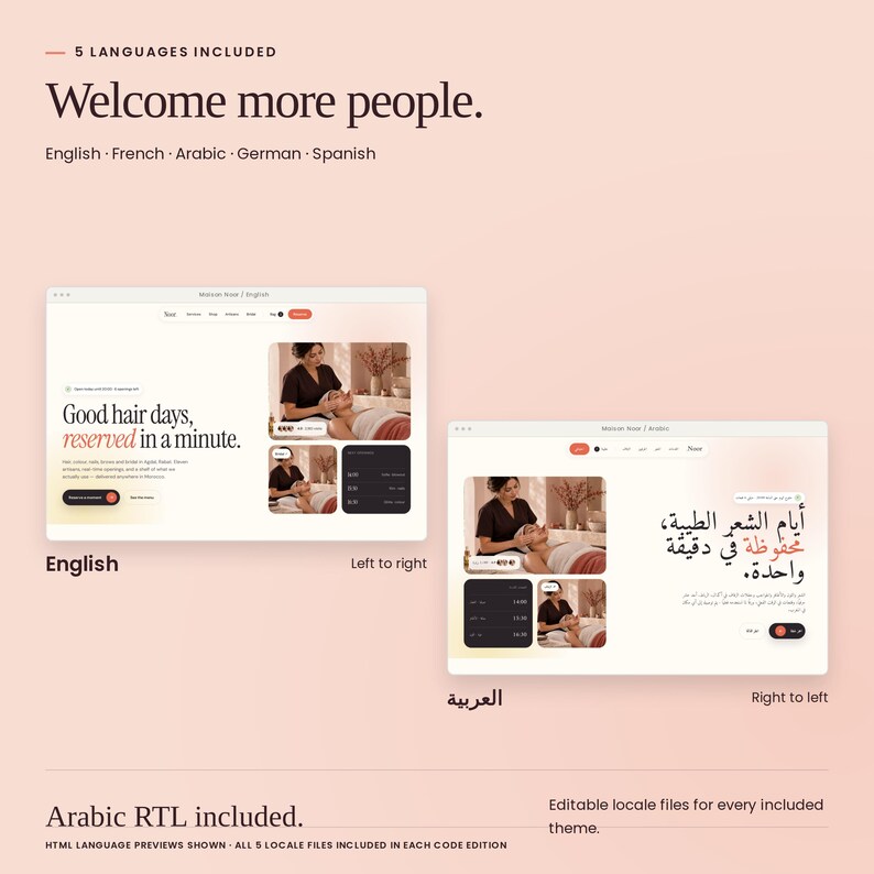 Maison Noor: English and Arabic HTML previews, with right-to-left Arabic layout. French, German and Spanish locale files are also included.