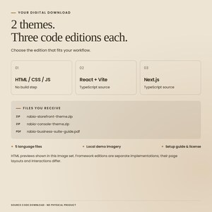 Rabia Business Suite digital download: 2 themes, each with HTML/CSS/JavaScript, React with Vite and TypeScript, and Next.js with TypeScript. Includes source files, five languages, local demo imagery, setup guide and license. Framework editions are separate implementations.