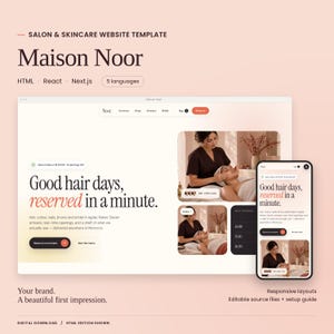 Maison Noor website template with a large actual homepage preview and mobile layout. HTML, React and Next.js code editions and five languages included. HTML edition shown.