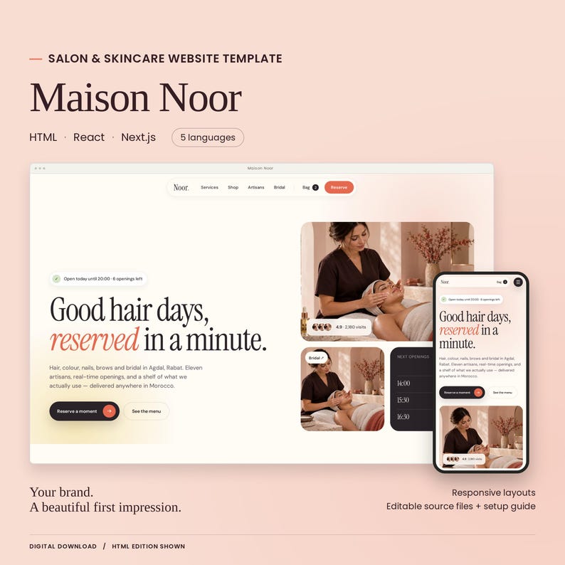 Maison Noor website template with a large actual homepage preview and mobile layout. HTML, React and Next.js code editions and five languages included. HTML edition shown.