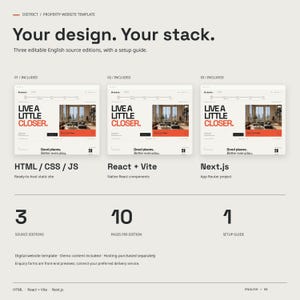 DISTRICT includes three English source editions: actual HTML, React plus Vite and Next.js homepage captures, with ten pages per edition and a setup guide.