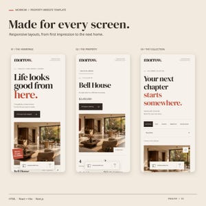 Three mobile views of the MORROW HTML theme: homepage, a property page and the property collection.