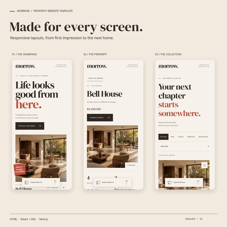 Three mobile views of the MORROW HTML theme: homepage, a property page and the property collection.