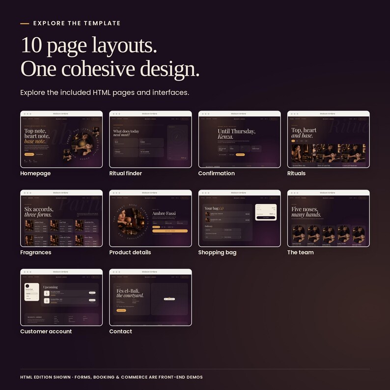 Maison Ambre: an overview of included HTML page layouts. Screens include the homepage, service menu, shop, customer account and contact page. Front-end demonstration screens.