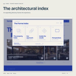 FORME HTML navigation view: the architectural index. An expanding directory frames the experience.