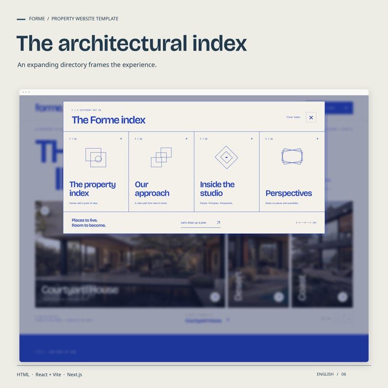 FORME HTML navigation view: the architectural index. An expanding directory frames the experience.