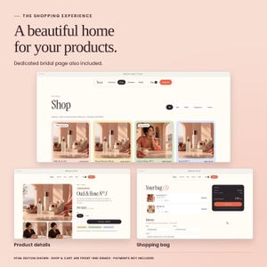 Maison Noor: shop, product details and shopping bag interface previews. Shopping screens are front-end demonstrations; payment processing is not included.