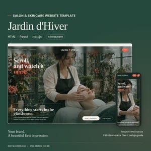 Jardin d'Hiver website template with a large actual homepage preview and mobile layout. HTML, React and Next.js code editions and five languages included. HTML edition shown.
