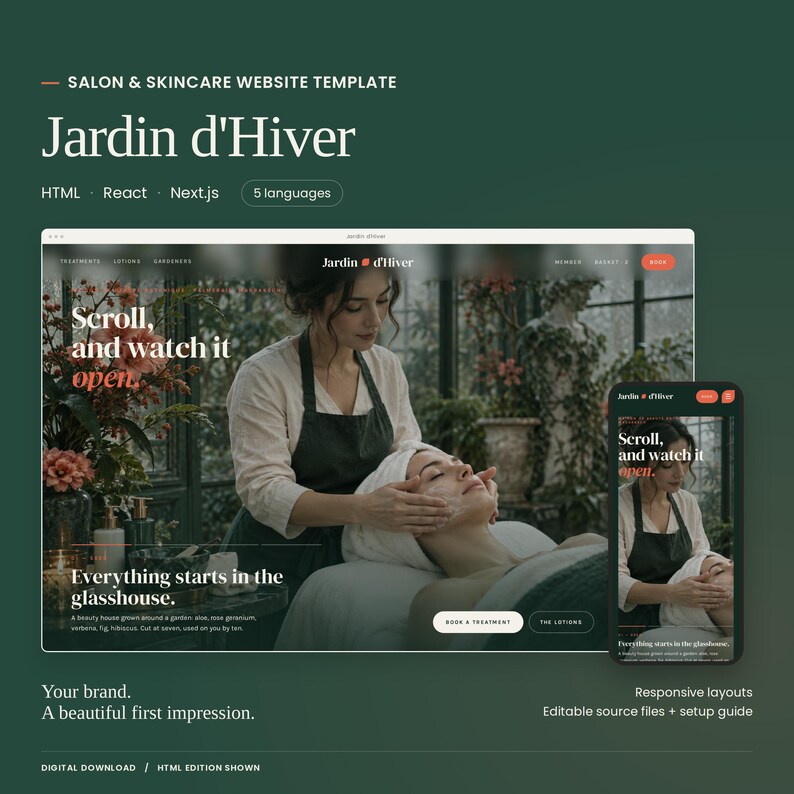 Jardin d'Hiver website template with a large actual homepage preview and mobile layout. HTML, React and Next.js code editions and five languages included. HTML edition shown.