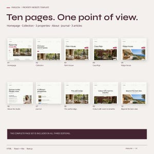 All ten PAVILION HTML pages: homepage, collection, three property pages, about, journal and three articles.