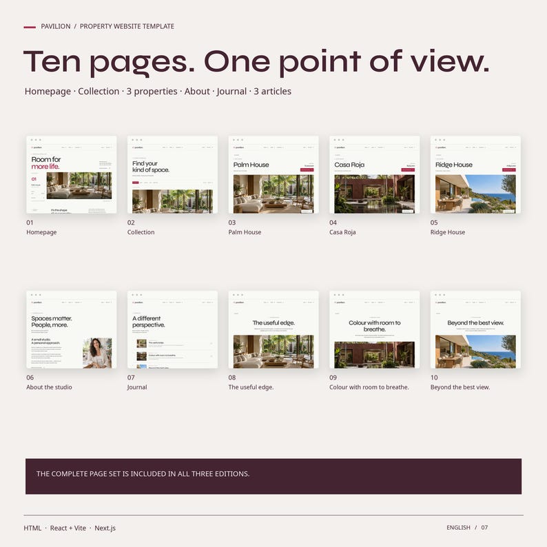 All ten PAVILION HTML pages: homepage, collection, three property pages, about, journal and three articles.