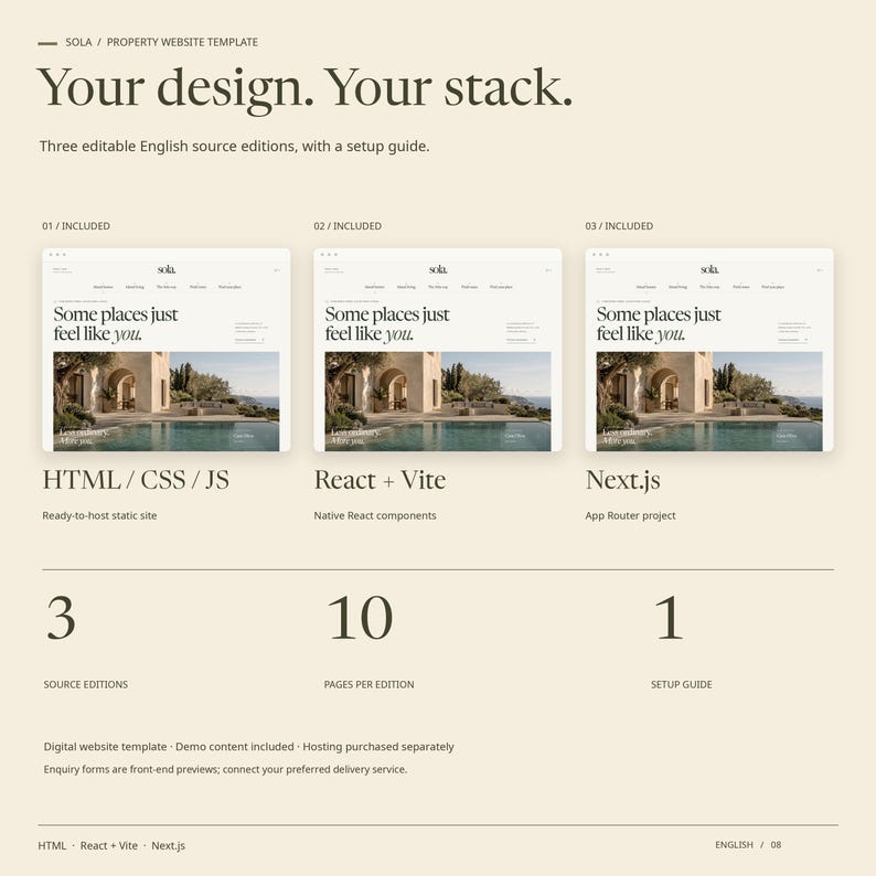 SOLA includes three English source editions: actual HTML, React plus Vite and Next.js homepage captures, with ten pages per edition and a setup guide.