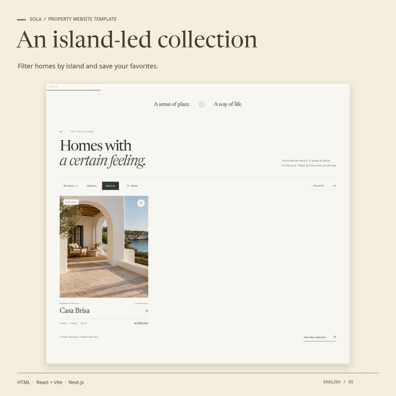 SOLA signature feature in use: an island-led collection. Filter homes by island and save your favorites.