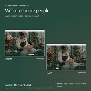 Jardin d'Hiver: English and Arabic HTML previews, with right-to-left Arabic layout. French, German and Spanish locale files are also included.