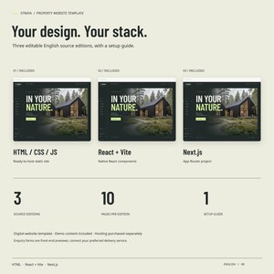 STRATA includes three English source editions: actual HTML, React plus Vite and Next.js homepage captures, with ten pages per edition and a setup guide.