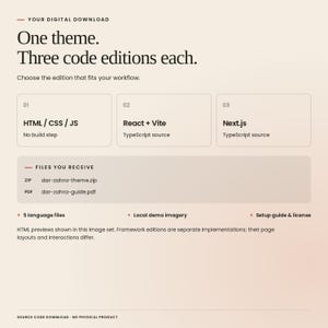 Dar Zahra digital download: 1 theme, each with HTML/CSS/JavaScript, React with Vite and TypeScript, and Next.js with TypeScript. Includes source files, five languages, local demo imagery, setup guide and license. Framework editions are separate implementations.