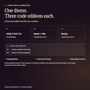 Maison Ambre digital download: 1 theme, each with HTML/CSS/JavaScript, React with Vite and TypeScript, and Next.js with TypeScript. Includes source files, five languages, local demo imagery, setup guide and license. Framework editions are separate implementations.