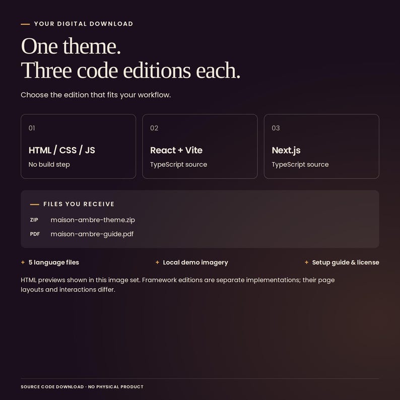 Maison Ambre digital download: 1 theme, each with HTML/CSS/JavaScript, React with Vite and TypeScript, and Next.js with TypeScript. Includes source files, five languages, local demo imagery, setup guide and license. Framework editions are separate implementations.