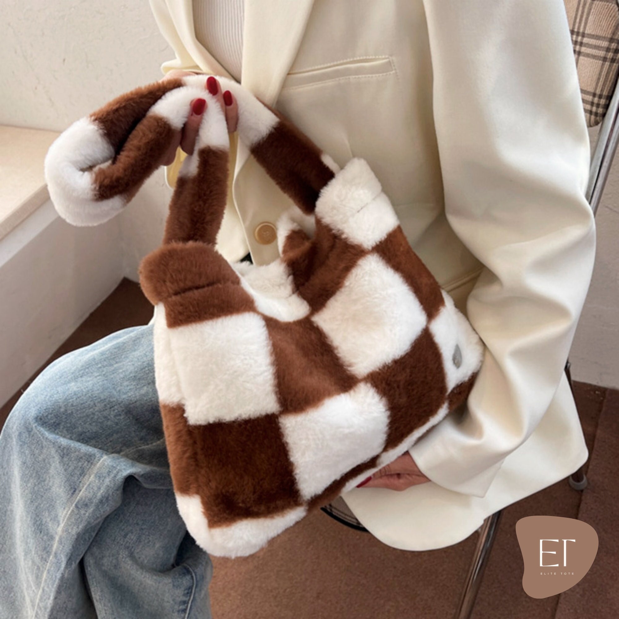 Lightweight, Portable, Fluffy, Fuzzy, Plush Casual, Fashion New Arrival  Plush Checkered Crossbody Bag With Color Blocking Design, Flap Closure &  Turn Lock, Suitable For Everyday Outfits And Gift Giving In Autumn And